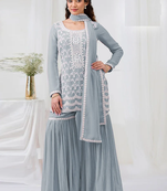 Grey faux georgette with heavy embroidery cotton thread work unstitched suit