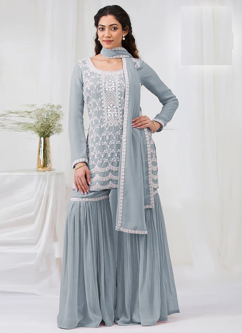 Grey faux georgette with heavy embroidery cotton thread work unstitched suit