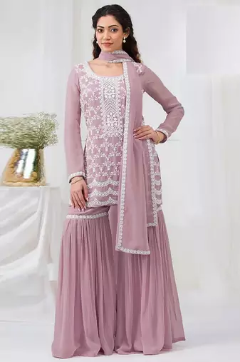 Pink faux georgette with heavy embroidery cotton thread work unstitched suit