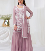 Pink faux georgette with heavy embroidery cotton thread work unstitched suit