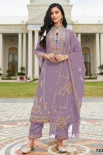 Lavender pv cotton with heavy embroidered viscose multi thread work unstitched suit