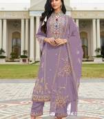 Lavender pv cotton with heavy embroidered viscose multi thread work unstitched suit