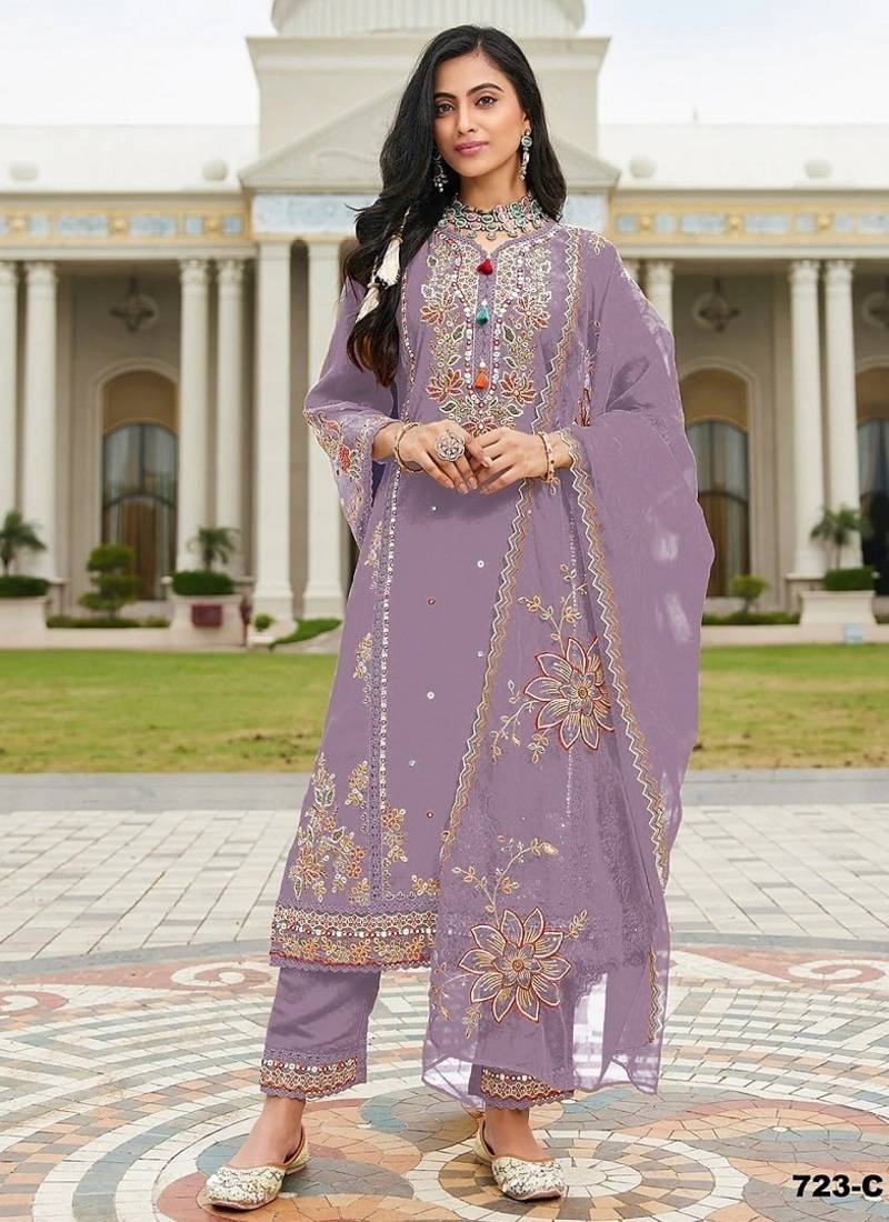 Lavender pv cotton with heavy embroidered viscose multi thread work unstitched suit