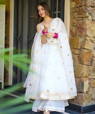 White lightweight faux georgette ribbon embroidery work suit set 1