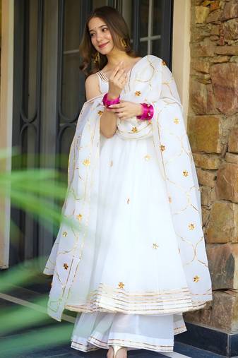 White lightweight faux georgette ribbon embroidery work suit set