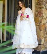 White lightweight faux georgette ribbon embroidery work suit set