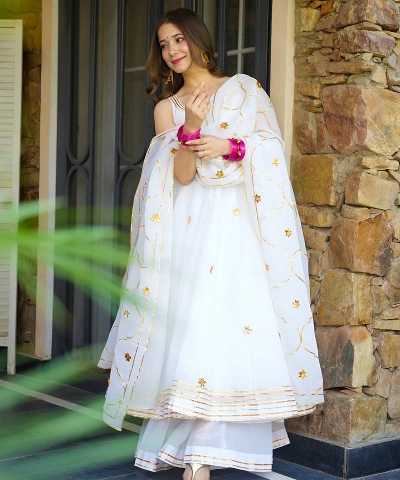 White lightweight faux georgette ribbon embroidery work suit set