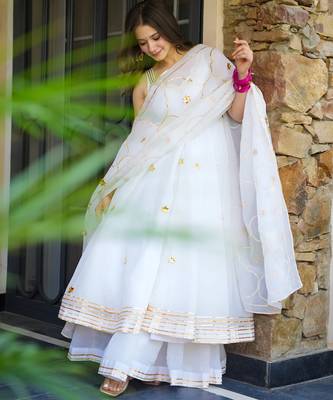 White lightweight faux georgette ribbon embroidery work suit set 3