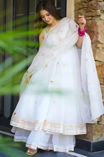 White lightweight faux georgette ribbon embroidery work suit set