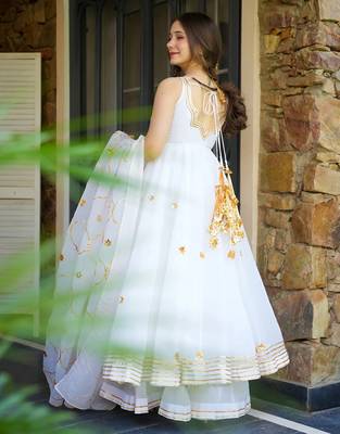 White lightweight faux georgette ribbon embroidery work suit set 5