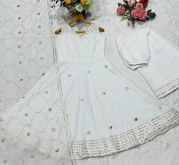 White lightweight faux georgette ribbon embroidery work suit set 6