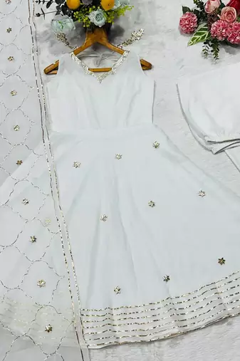 White lightweight faux georgette ribbon embroidery work suit set