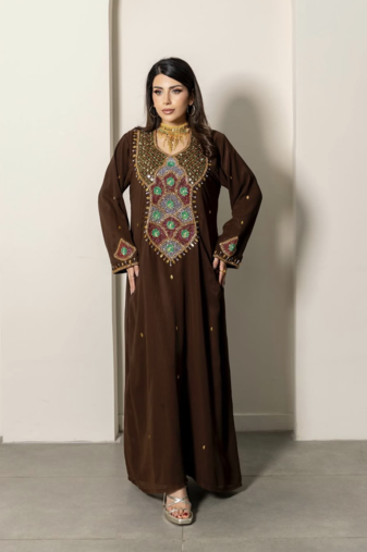 Brown Embroidered Designer Kaftan with Multicolor Handwork