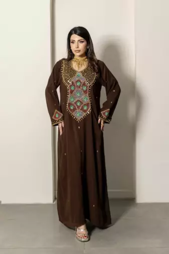 Brown Embroidered Designer Kaftan with Multicolor Handwork