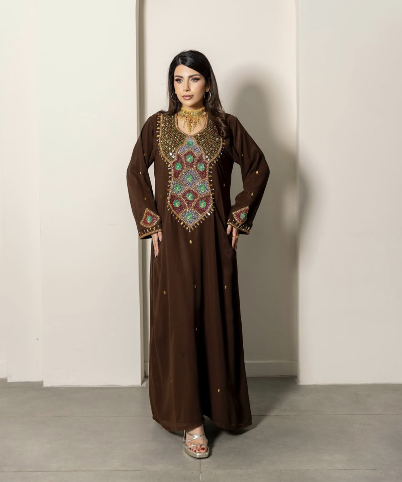 Brown Embroidered Designer Kaftan with Multicolor Handwork