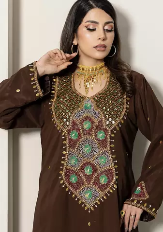 Brown Embroidered Designer Kaftan with Multicolor Handwork