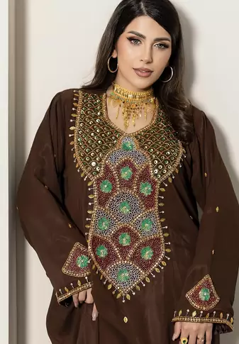 Brown Embroidered Designer Kaftan with Multicolor Handwork