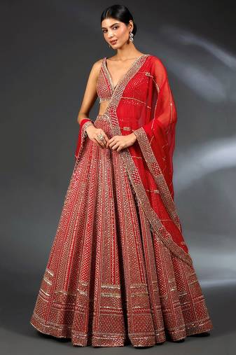 lavishing red thread embroidered satin lehenga set choli with dupatta