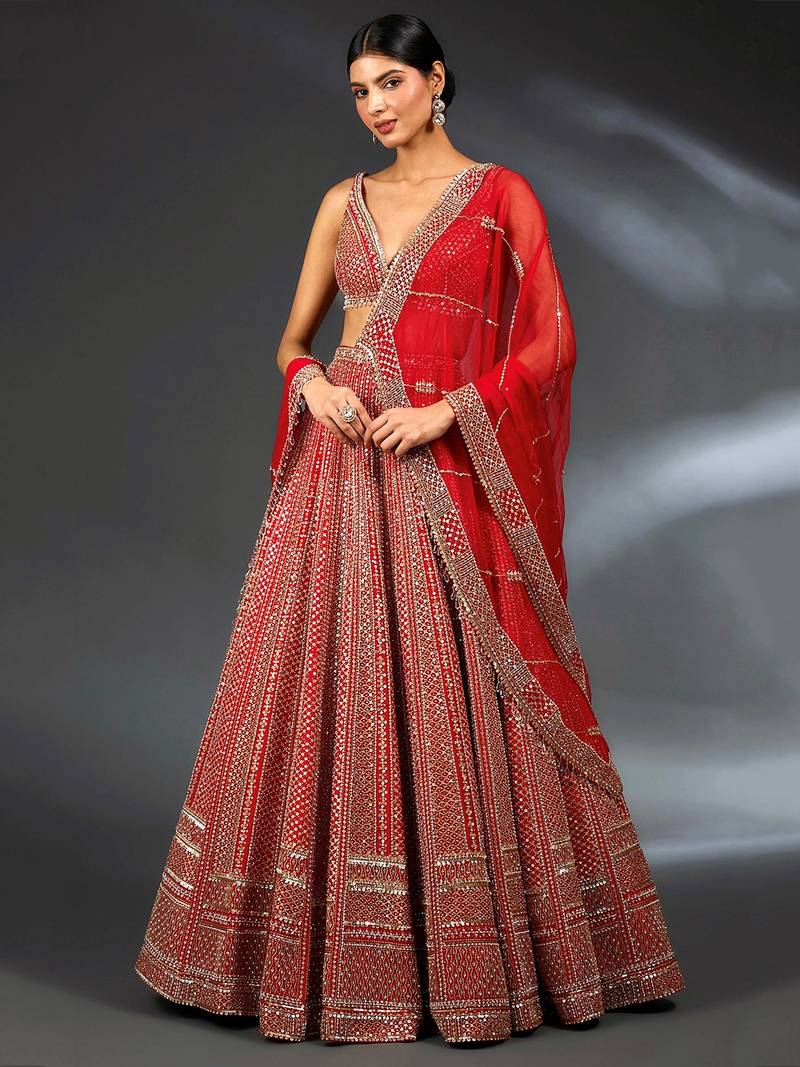 lavishing red thread embroidered satin lehenga set choli with dupatta