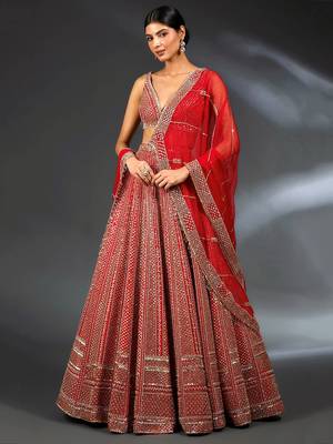 lavishing red thread embroidered satin lehenga set choli with dupatta 1