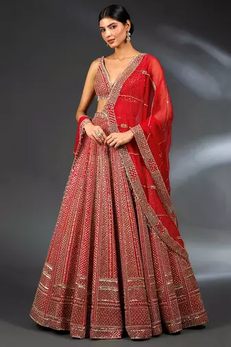 lavishing red thread embroidered satin lehenga set choli with dupatta