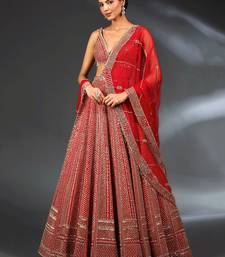 lavishing red thread embroidered satin lehenga set choli with dupatta