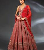 lavishing red thread embroidered satin lehenga set choli with dupatta