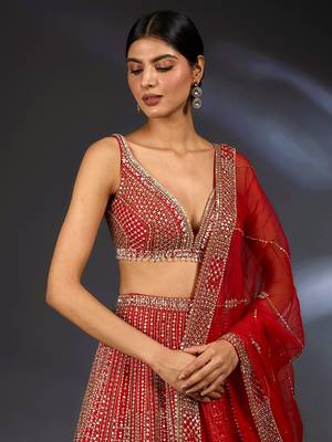 lavishing red thread embroidered satin lehenga set choli with dupatta 2