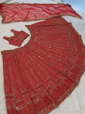 lavishing red thread embroidered satin lehenga set choli with dupatta 3