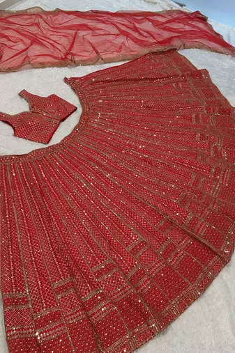 lavishing red thread embroidered satin lehenga set choli with dupatta