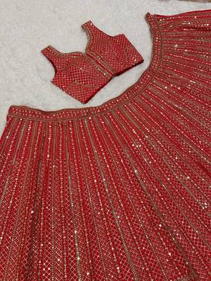 lavishing red thread embroidered satin lehenga set choli with dupatta 4