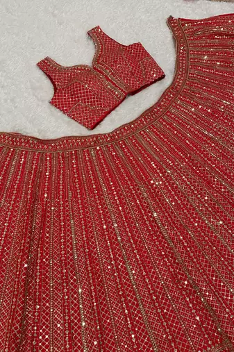 lavishing red thread embroidered satin lehenga set choli with dupatta