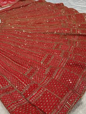 lavishing red thread embroidered satin lehenga set choli with dupatta 5