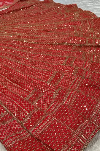 lavishing red thread embroidered satin lehenga set choli with dupatta