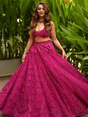  pink sequins embroidered silk lehenga set choli with dupatta 1