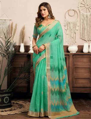 Teal green linen ikkat printed ready to wear saree with pocket 1