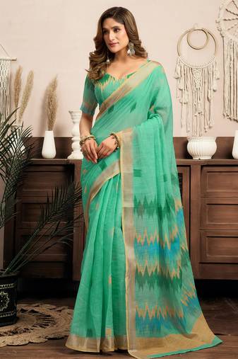 Teal green linen ikkat printed ready to wear saree with pocket