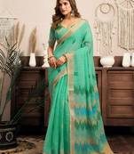 Teal green linen ikkat printed ready to wear saree with pocket