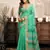 Teal green linen ikkat printed ready to wear saree with pocket