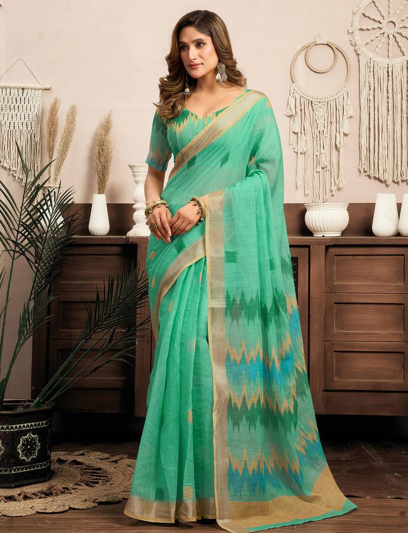 Teal green linen ikkat printed ready to wear saree with pocket