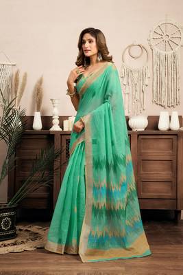 Teal green linen ikkat printed ready to wear saree with pocket 3
