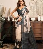 White & grey linen ethnic motifs printed ready to wear saree with pocket