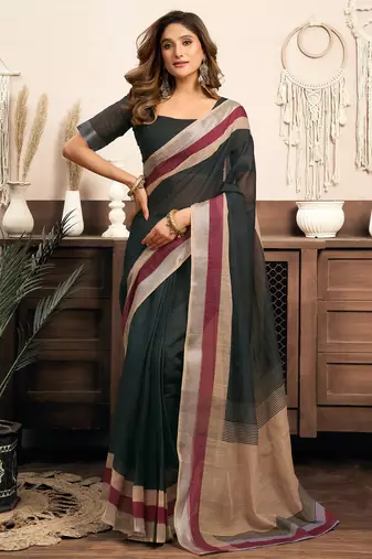  Green linen solid printed ready to wear saree with pocket