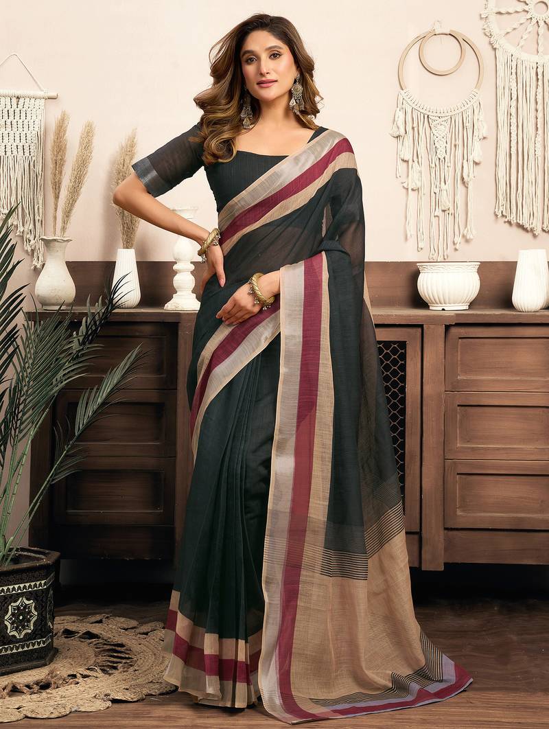  Green linen solid printed ready to wear saree with pocket
