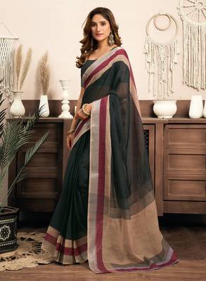   Green linen solid printed ready to wear saree with pocket 3