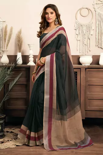   Green linen solid printed ready to wear saree with pocket