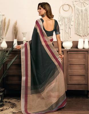   Green linen solid printed ready to wear saree with pocket 5