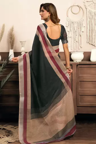   Green linen solid printed ready to wear saree with pocket