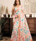 White linen color block printed ready to wear saree with pocket