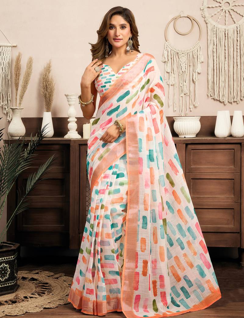 White linen color block printed ready to wear saree with pocket